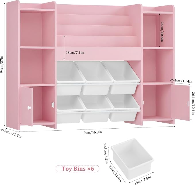 Toy Storage Organizer with 6 Toy Bins & 4 Tier Kids Bookshelf | Toy Organizer with 6 Cubbies, Kids Toy Organizers and Toy Storage with Bins, Playroom Storage and Toy Chest, Pink - Image 2