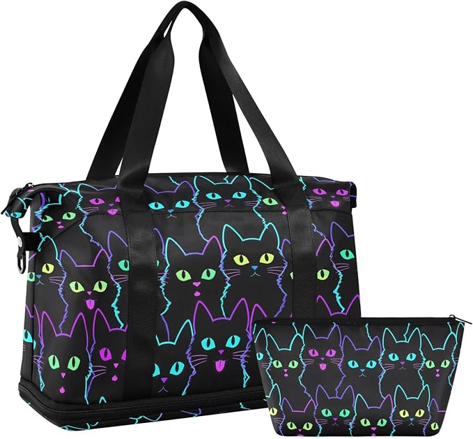 Travel Duffel Tote Colorful Neon Cat Sports Bag With Wet Pocket - Weekender Overnight for Women Men Gym, Carry On, Hospital for Labor and Delivery - Image 7