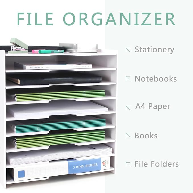 SONGWAY File Organizer for Desk - 9 Tier Wide Document Holder, Letter Mail Tray Storage Rack, File Sorter Organizer, Paper Storage Holder, Desktop Organizer for Home Office School, White - Image 2