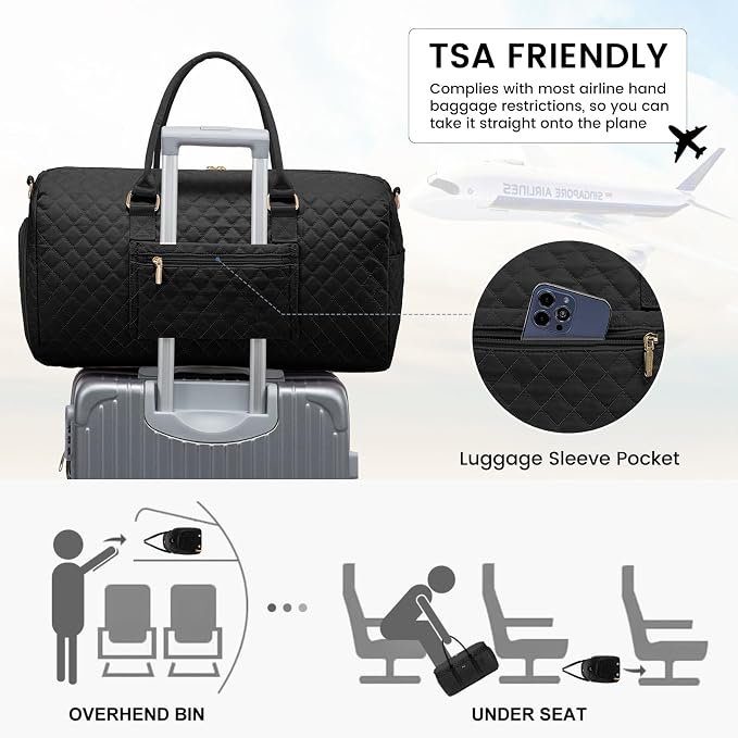 LOVEVOOK Travel Duffle Bag, Weekender Bags for Women with Shoe Compartment, Quilted Carry on Overnight Bag with Toiletry Bag, Hospital Bags for Labor and Delivery, Gym Duffel Bag with Wet Pocket Black - Image 5