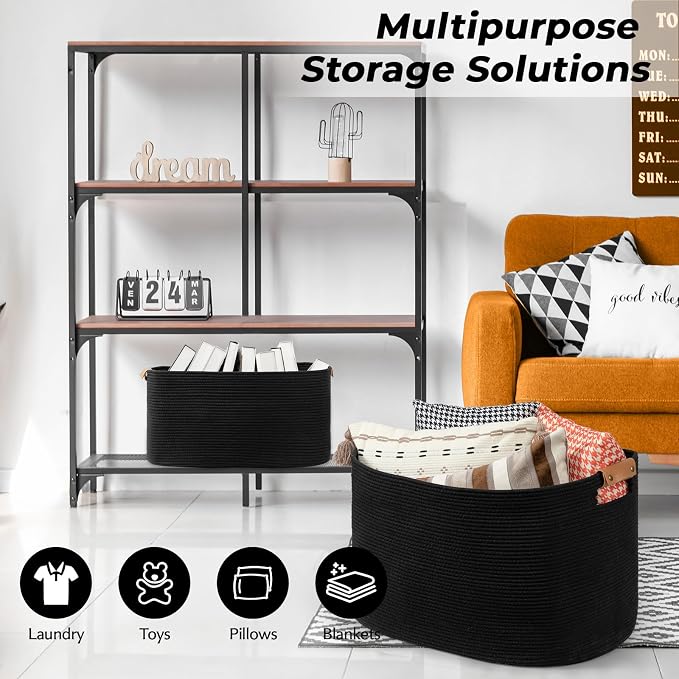 Large Woven Basket, 108 L Blanket Basket for Living Room, Nursery Bin for Toys Organizing & Laundry, Cotton Rope Hamper with Leather Handle, 25’’*16’’*16’’ Black - Image 5