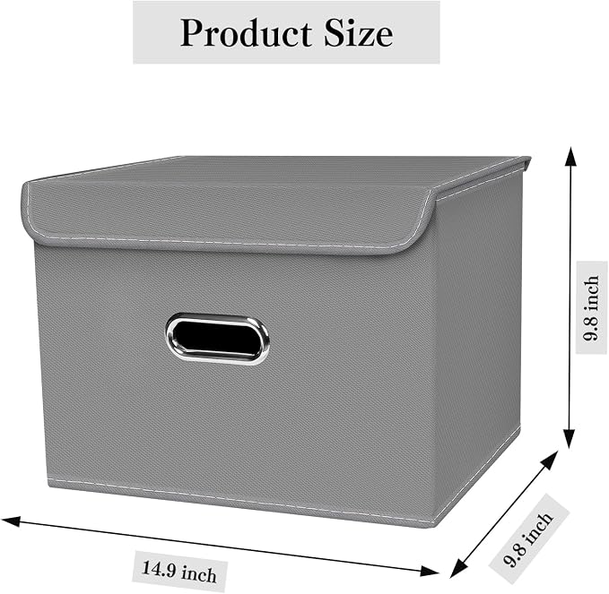 Linen Fabric Foldable Collapsible Storage Cube Bin Organizer Basket with Lid, Leather Handles, Removable Divider for Home, Closet (Grey, 3Pcs) - Image 2