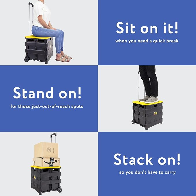 dbest Products Quik Cart Standard Collapsible Rolling Crate - Yellow Lid | with Wheels, Roll Up to 80 lbs Capacity, Heavy Duty Plastic Construction, Telescoping Handle, Foldable Utility Cart - Image 3