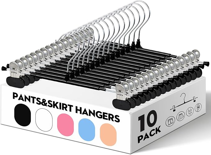 HUADYMEET 14 Inch Heavy Duty Pants Skirt Hangers with Clips,Black,10 Pack | Metal,Space Saving,Adjustable,Hanger for Jeans Shorts Clothes Slacks Trousers,For Adult Men Women Children,Non Slip - Image 2