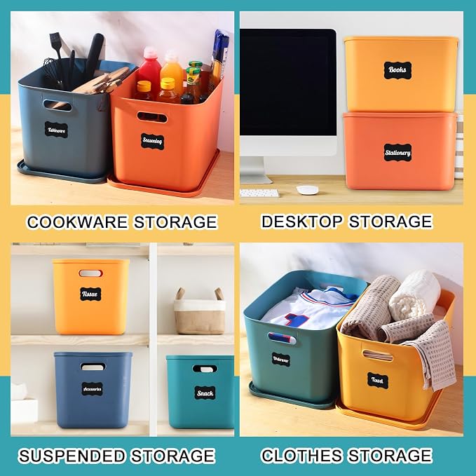 8 Pcs Plastic Storage Bins Stackable Baskets with Lid and Handle Colorful Desktop Storage Box Cubby Containers for Shelf Bedroom Office, Include 1 Erasable Marker, 16 Stickers (14 x 10 x 9 In) - Image 6