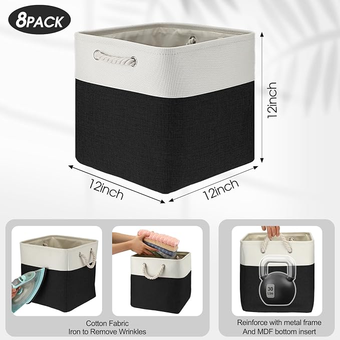 meekoo 8 Pack Collapsible Storage Bins Fabric Storage Bins Polyester Fabric Baskets with Handles Linen Closet Organizer for Shelf Home Closet Towels Toys(12 x 12 x 12 in,Black White) - Image 3