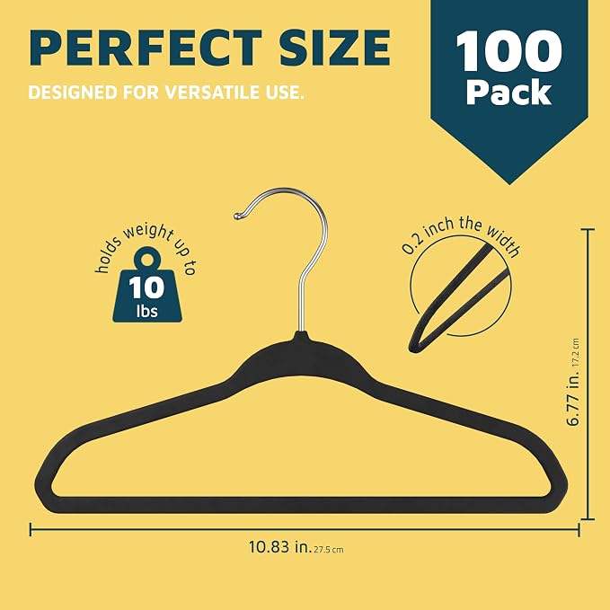 Black Velvet Kids Hangers 100 Pack, 10.83" Non-Slip Baby & Toddler Hangers for Clothes, Space-Saving Slim ABS Plastic with 360° Swivel Hook & Notched Shoulders, Up to 10 lb Capacity - Image 2