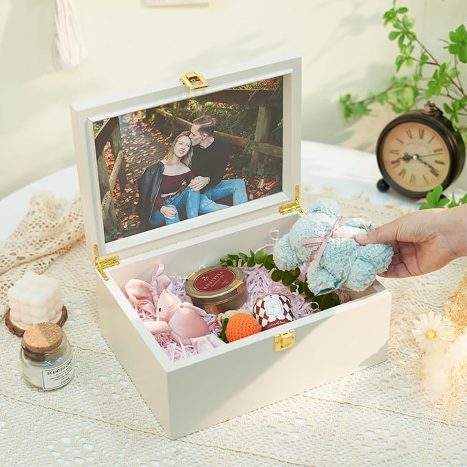 Larger Wooden Memory Keepsake Boxes With Hinged Lids and a photo frame inside the lid - Decorative Storage Box With a Hinge Lids For Picture Letter Time Capsule - 5.3“*8.6”*11.7“ off-white - Image 6