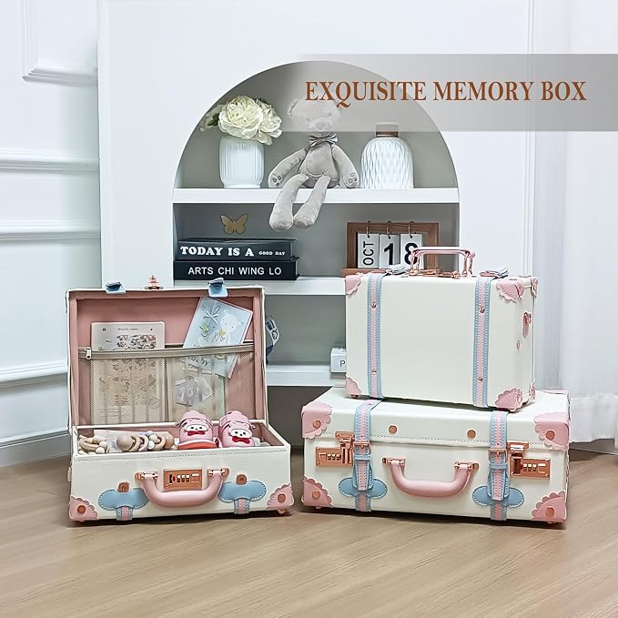 Unitravel Baby Keepsake Case, 16" Handmade Memory Storage Box, Newborn Keepsake Box, Vintage Suitcase for Baby Shower, Baptism, Naming Ceremony or Birthday (cream white) - Image 5