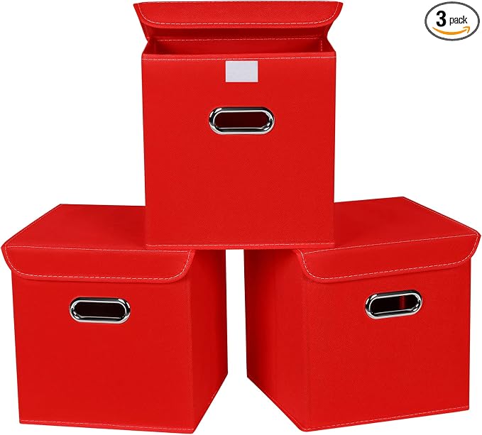 Closet Organizers Fabric Storage Bins With Lids Collapsible Cube Storages Organizer Basket With Handles,Storage Boxes for Clothes Storage,Office,Toys,3 Pack,（Red by SEVENDOME