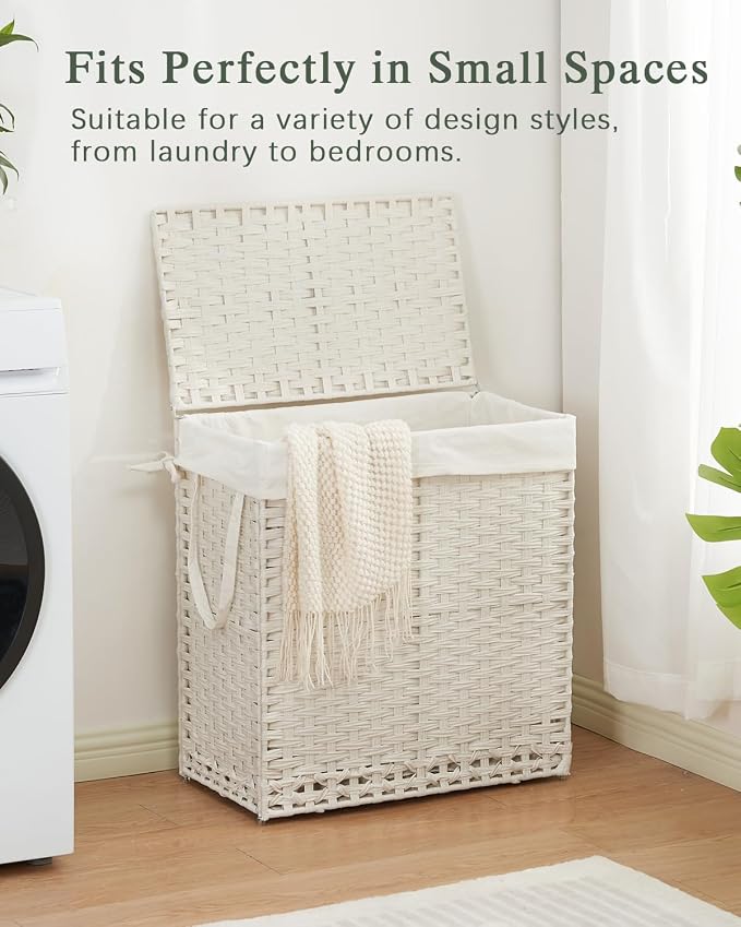 SETVSON Laundry Hamper with Lid Wicker Laundry Basket, White | Decorative Furniture Look for Bathroom & Bedroom, 3-Section Large Wicker Hamper, 3 Cloth Bags, 6 Mesh Bags Included - Image 7