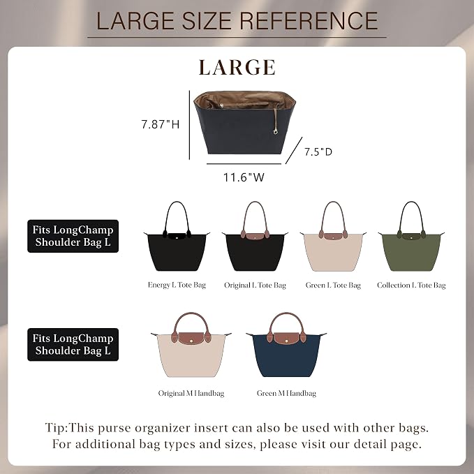 Purse Organizer Insert for Longchamp Le Pliage Large, Black Brown | 6-Compartment Bag Organizer with YKK Zipper Pocket, Cup Holder, Key Chain, Waterproof DupontPaper Lightweight Handbag Shaper - Image 2