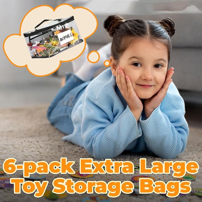 6-Pack Extra Large Toy Storage Bags with Zippers & Labels, Reusable Clear TPU Waterproof Organizer for Kids Toys, Building Blocks, Puzzles, Dolls, Board Games - Durable, BPA-Free, Travel-Friendly - Image 2