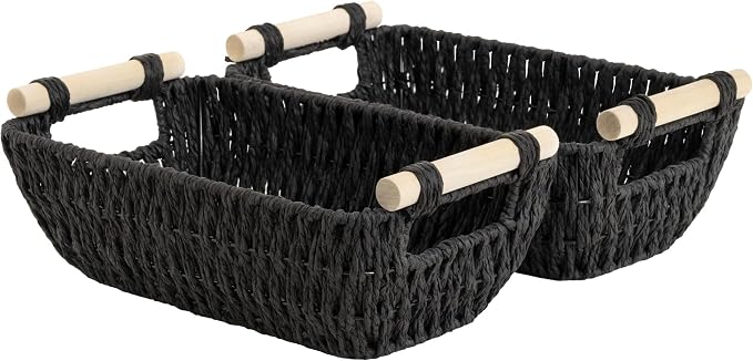 StorageWorks Small Storage Basket, Organizing Baskets for Shelf, Black | Wicker Storage Baskets for Shelves, Baskets with Wooden Handles, 2-Pack Gifts Basket for Home Decor, Hand-Woven Basket by StorageWorks