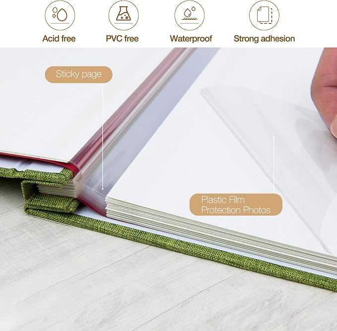 potricher Large Self Adhesive Photo Album 40 Pages, Linen cover, Green | Photo Album Self Adhesive 4x6 5x7 8x10 Pictures, Linen Cover DIY Scrapbook Albums for Family, Wedding, Baby, Anniversary - Image 4