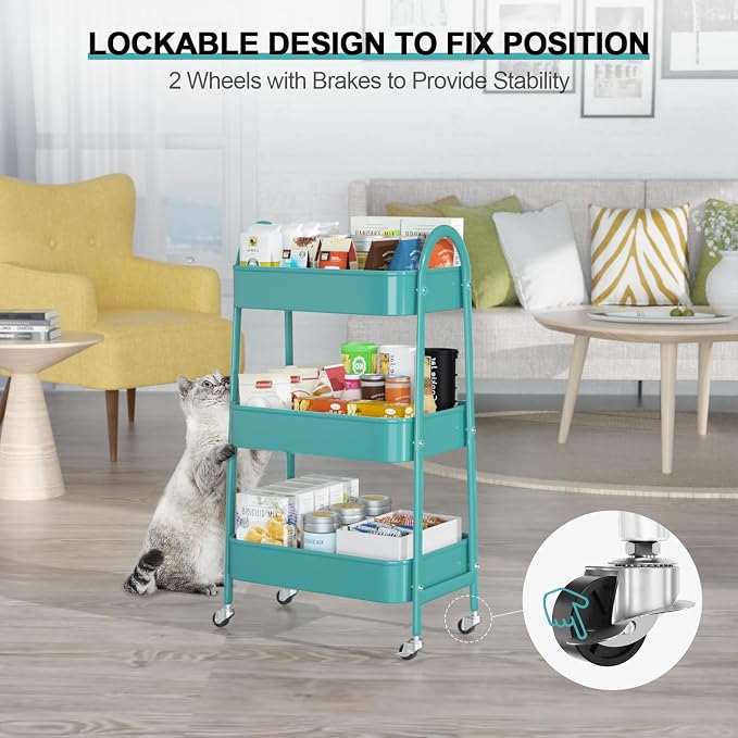 3 Tier Utility Rolling Cart, Metal Storage Cart with Handle and Lockable Wheels, Multifunctional Storage Organizer Trolley with Mesh Baskets for Kitchen, Living Room, Office, Garage (Turquoise) - Image 4