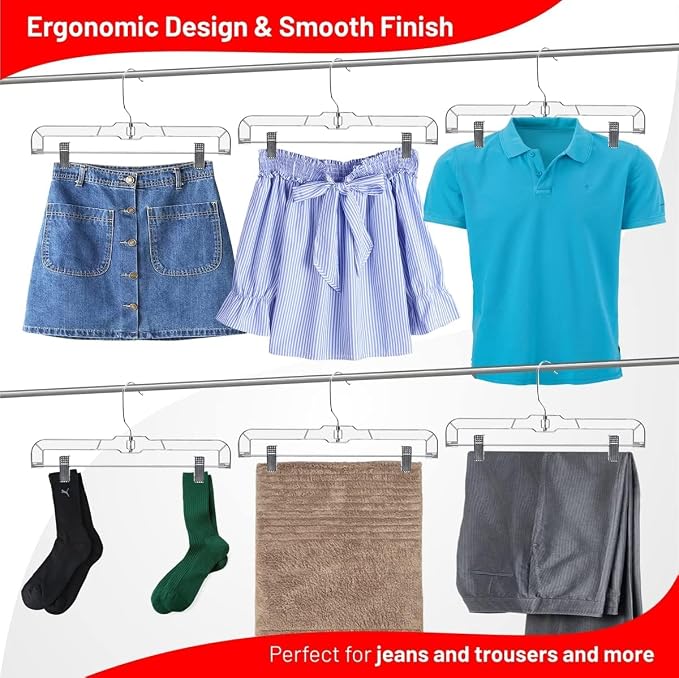 DEILSY™ Pants Hangers with Clips 12 Pack Skirt Hangers Clear Plastic | Hangers with clips and 360° swivel hook, pants hangers rubber-padded clips, ideal for jeans, trousers, skirts and shorts - Image 4