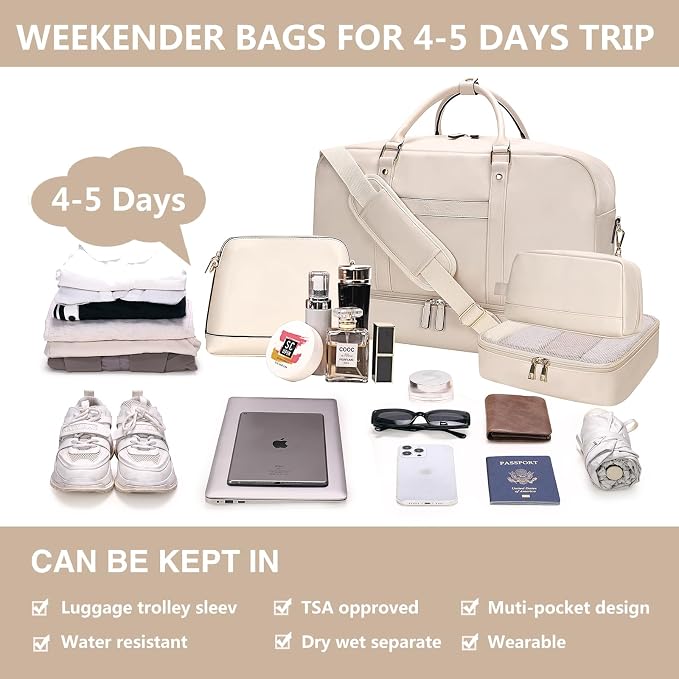 Large 4-in-1 Leather Duffle Bag for Travel Weekender Overnight Hospital Gym Bag for Men & Women, Carry On Airline Approved Personal Item Duffel Garment Bag Luggage with Shoe Compartment & Toiletry Bag - Image 7