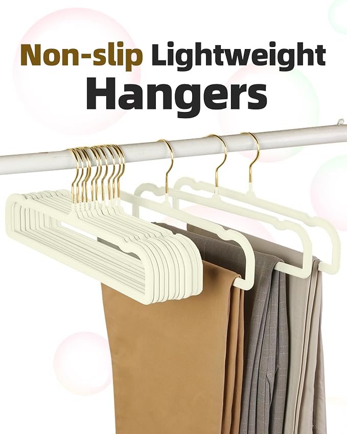 Felt Hangers White Velvet Hangers, Thin Pants Hangers 20 Pack, Adult Hanger | 360° Rotatable Golden Hanger for Jean Slack Closet, Anti-Slip Lightweight Padded Slim Space Saving Flocked Trouser Hangar - Image 2