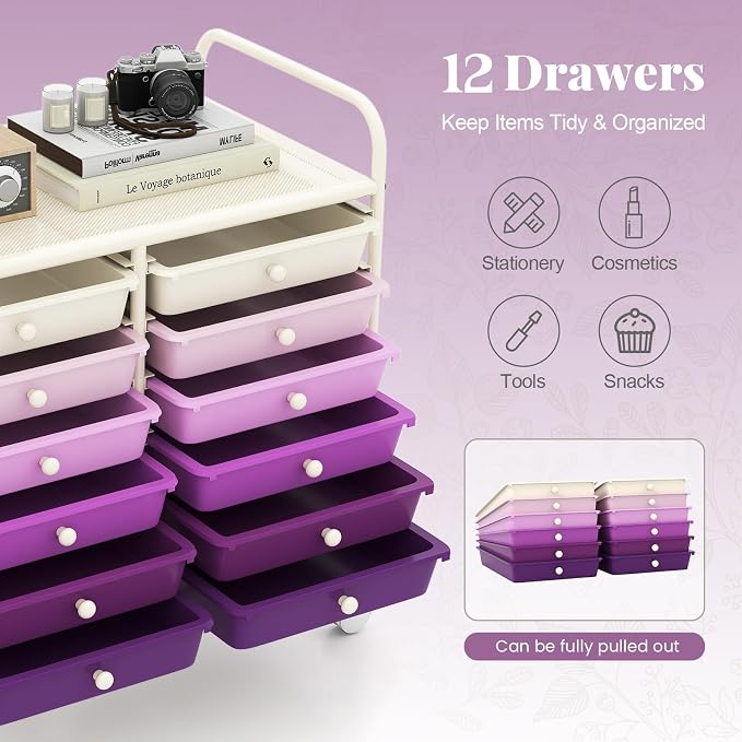 RELAX4LIFE 12-Drawer Rolling Storage Cart - Mobile Utility Cart on Wheels for School Classroom Teacher Office Salon, Paper File Art Supply Craft Organizer, Rolling Cart with Drawers (Gradient Purple) - Image 4