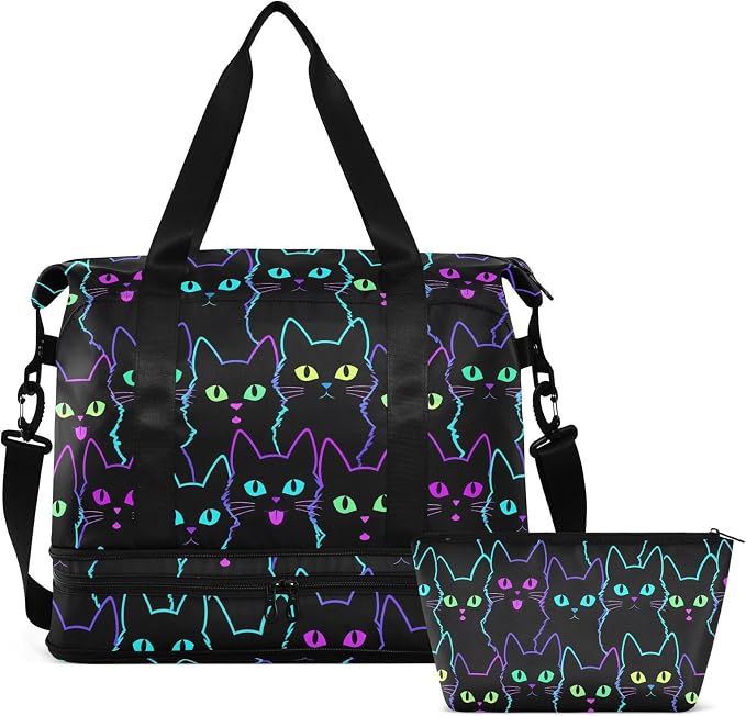 Travel Duffel Tote Colorful Neon Cat Sports Bag With Wet Pocket - Weekender Overnight for Women Men Gym, Carry On, Hospital for Labor and Delivery - Image 8