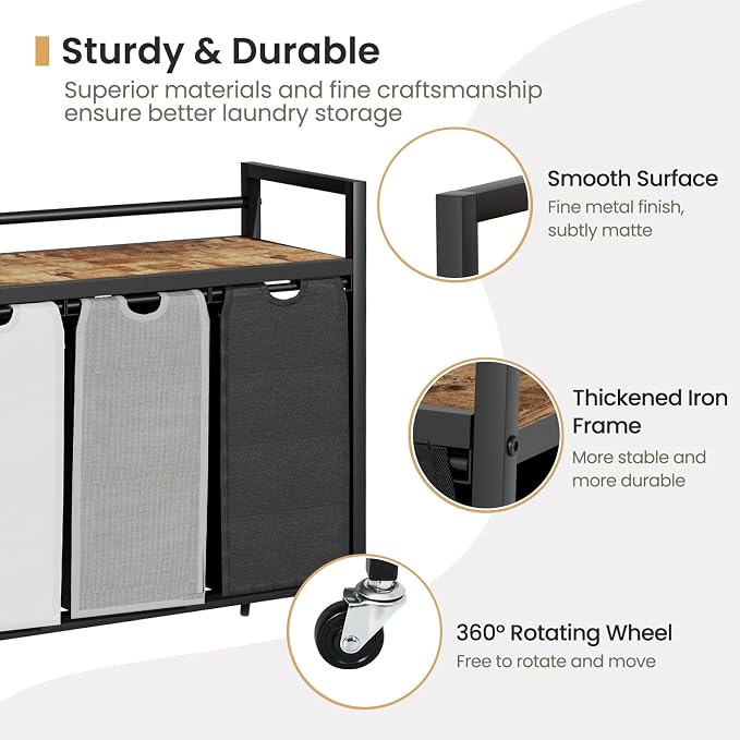 SwaaVee Laundry Sorter, Laundry Hamper 3 Section, 3×11.4Gal, Metal Frame Rolling Laundry Basket with Wooden Top Shelf, Pull out and Removable Laundry Bags, 3 Bags-Black Grey White - Image 5