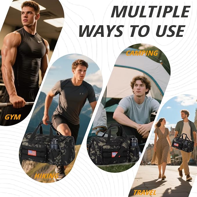 Tactical Gym Bag for Men, 60L Duffle Bag with Shoes Compartment for Travel | Water-Resistant Sports Weekender Bag with Adjustable Shoulder Strap Wet Pocket for Gym,Travel,Hiking,Camping Overnight Trips - Image 2
