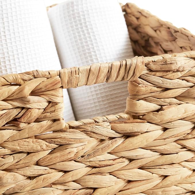 Ornavo Home 13x13 Water Hyacinth Storage Baskets Set of 6, Natural | Handwoven Collapsible Wicker Cube Bins with Handles; Ideal for Bathroom, Bedroom, Laundry or Pantry - Image 8