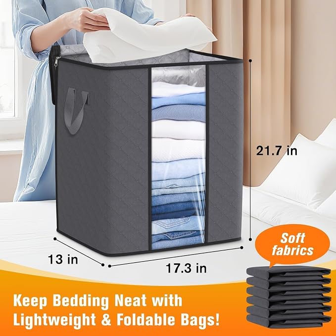 SpaceTrove Clothes Storage Bags, 8-Pack Comforter Blanket Organizers, 80L Large Capacity Containers with Visual Window for Clothing, Quilt, Sheet, Pillow, Closet Organization for Bedding (Grey) - Image 2