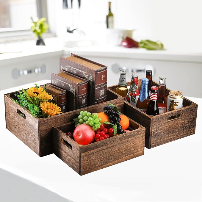 Frcctre Set of 3 Wood Nesting Storage Crates with Handles, Decorative Farmhouse Wooden Crates Storage Containers Rustic Handmade Natural Solid Wood Basket - Image 6