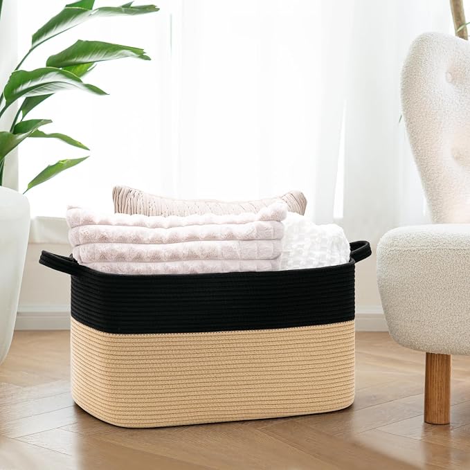Goodpick Large Woven Blanket Basket, Rectangle, Black & Camel | 21.6'' x 14.9'' x 11.8'' Wicker Storage Basket for Toys & Blankets, Bedroom & Nursery Organization, Reinforced Handles - Image 2