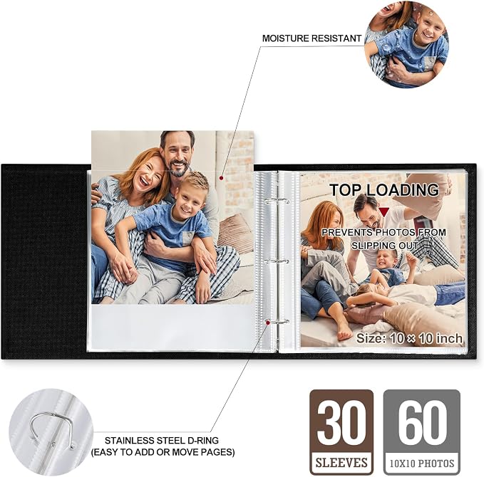 Lanpn 10x10 inch Scrapbook Photo Album, Linen Cover Archival Acid Free Top Load 3 Ring Folder Binder Photo Book 10 x 10 with 30 Plastic Sleeves 60 Pages (Grey) - Image 4
