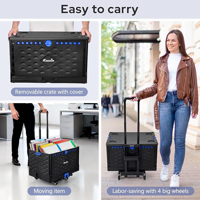 KEDSUM 2 in 1 Rolling Cart with Durable Removable Crate, 290 LBS/70L Capacity Collapsible Rolling Crate with Lid for School, Craft, Office & Garden, on 4 Rotate Wheels - Image 2