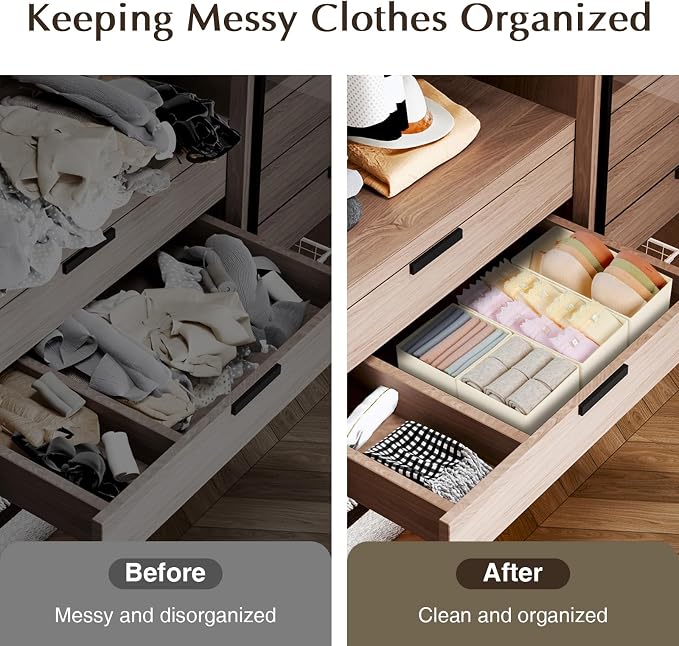DIMJ Drawer Organiser System Drawer Organiser - Fabric Storage Box, Drawer Inserts for Wardrobes, Wardrobe Organiser for Clothes, Pack of 8, Beige Classic - Image 6