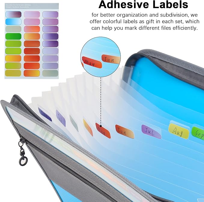 NAFY Expanding File Folders, 2Pack, 13 Pockets, A4 Letter Size, Portable Accordion, Zipper, Multicolor Labels, Office School Supplies, Black+Blue - Image 5
