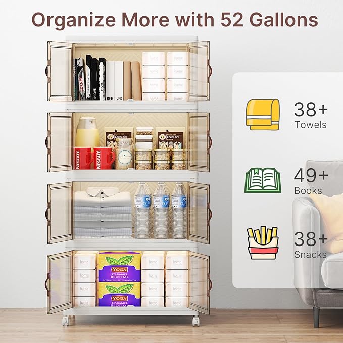 Stackable Storage Bins with Lids, 384QT Lockable Storage Cabinet | Folding Storage Box with Doors and Wheels, Collapsible Plastic Drawers for Home, Garage, Office - Image 2