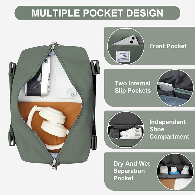 Travel Duffel Weekender Bag Women Tote Carry On Bags With Shoe Compartment | 18x14x8 inches Travel Overnight Bags with Trolley Sleeve for Airplanes Sport Tote Gym for Men Lightweight Daypack Green.. - Image 6
