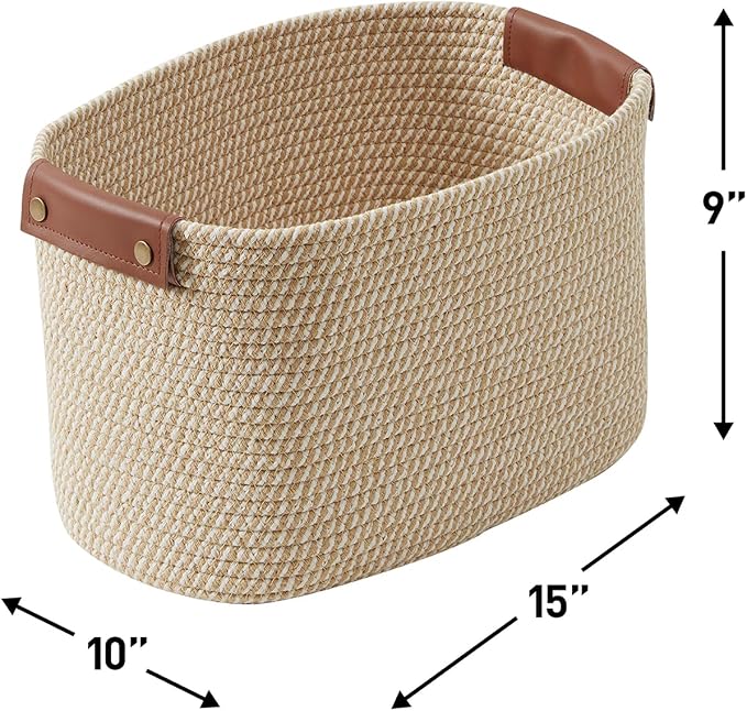 3 Pack Woven Cotton Rope Storage Basket, 15x10x9, Multi-Brown | Faux Leather Handles; Decorative Closet Shelf Organizer; Ideal for Storage & Organization - Image 5