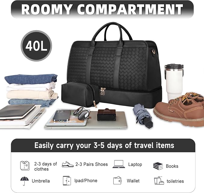 Travel Duffle Bag for Men Women, PU Leather Duffel Bag for Traveling, Large Carry on Weekender Overnight Bag with Shoe Compartment, Perfect for Travel/Daily Use - Image 5