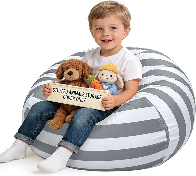 Lukeight Stuffed Animal Storage Bean Bag Chair Cover for Kids, Velvet Plush Toy Organizer Seat, Cover Only, No Filling Included, Long YKK Zipper, Side Pocket, Large 27"D x 16"H by Lukeight