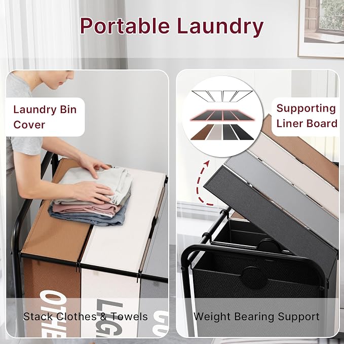 180L Laundry Sorter 4 Section with Lockable Wheels and Lid Multicolor | 4 Large Separate Removable Bag|Heavy Duty Rolling Laundry Basket|Laundry Hamper Cart for Laundry Room Organizer - Image 6