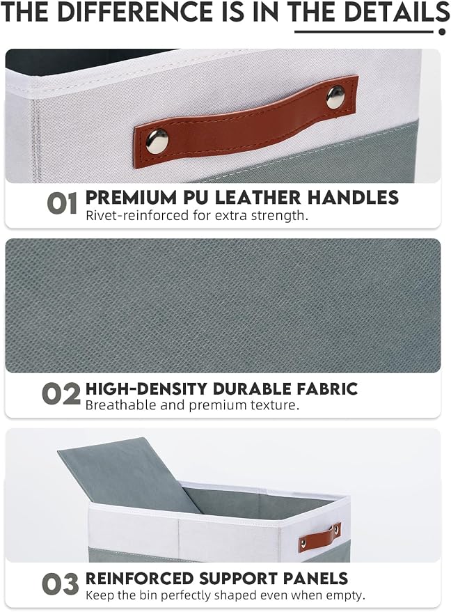 [6-Pack] Fabric Storage Bins (15x11x9.5 ) Reinforced 2.5mm Cardboard Shelf Bins with PU Leather Handles Durable Storage Baskets for Closet Organization, Toy Organizer, & Home Office White&Grey - Image 3