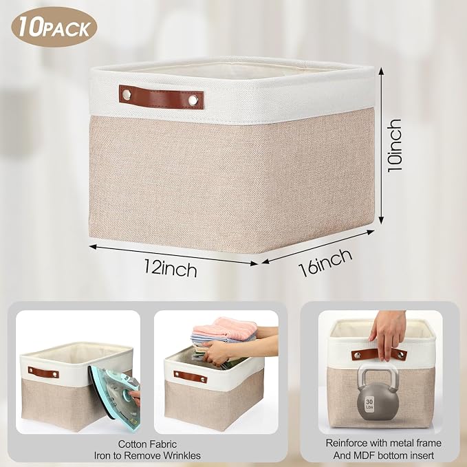 Uiifan 10 Pcs Collapsible Storage Bins Fabric Foldable Storage Basket with Handles Cloth Organizer Linen Shelf Baskets for Shelves Home Closet Nursery Toys(16 x 12 x 10 Inch,Beige and White) - Image 3