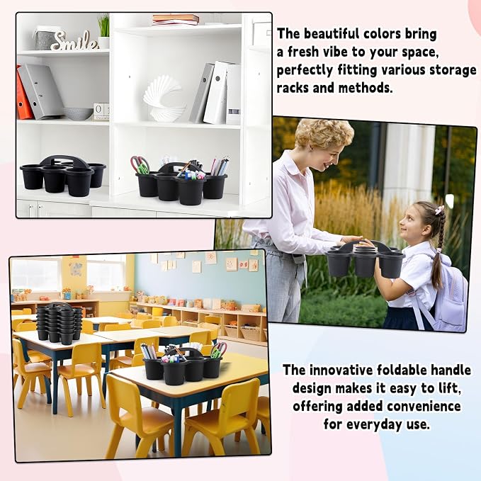 gisgfim 6 Pack Classroom Caddy Organizer with Handle, 6 Compartments, Black | Stackable Plastic Table Caddies, 12x9x3.5 In, caddy Organizer for School Supplies, Crayons, Pencils, Crafts and Drink Cups - Image 6