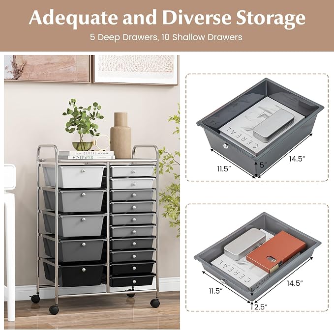 RELAX4LIFE 15-Drawer Storage Drawer Cart - Mobile Rolling Utility Cart with Wheels, Steel Frame, Craft Organizer for Classroom Organization and Storage, School, Office, Home, Gradient Black - Image 4