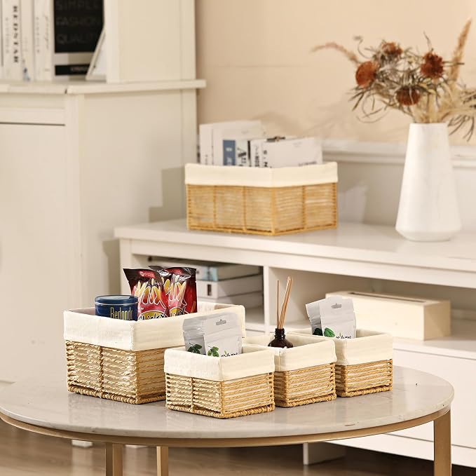 Wicker Storage Basket, Hand-Woven Paper Rope Wicker Baskets, Rectangular Small Wicke Baskets for Organizing, Cube Storage Bins for Closet/Clothes/Dresser, Natural, 5-Pack - Image 4