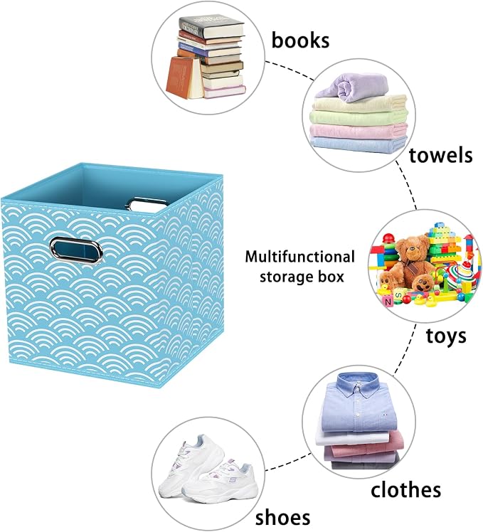 Fabric storage bins Cubes, Fabric Cube Organizer with Handle, Foldable Cube Bins for Cloth or Accessary Storage, 11x11x11, Set of 3, (Blue clouds) - Image 3
