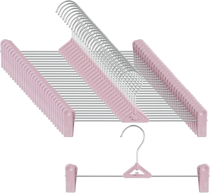 Skirt Hangers 30 Pack – NORTHERN BROTHERS Pink Pant Shorts Plastic Hangers with Clips for Women, Kids – Space Saving, Non Slip, Adjustable, Stackable by NORTHERNBROTHERS