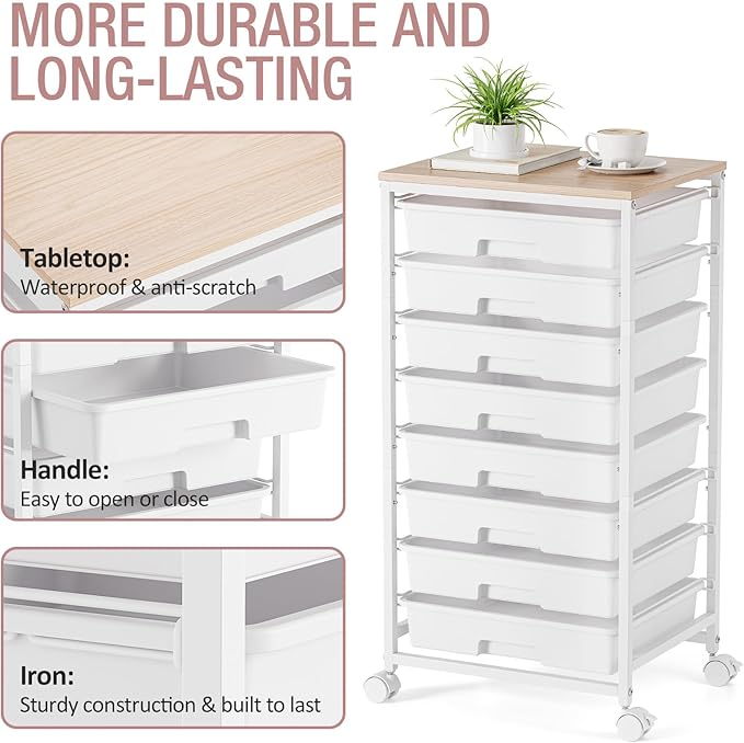 TOOLF Rolling Storage Cart with 8 Drawers,White | Utility Cart on Wheels with Wooden Tabletop,Teacher Organization for Classroom, Art Cart for Office,Bedroom,Craft Room - Image 5