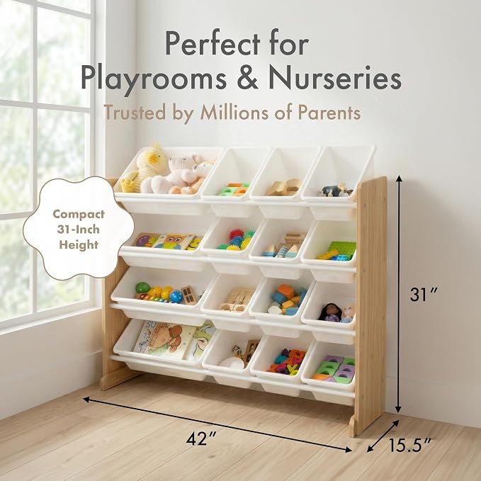 Humble Crew Kids Toy Organizer with 16 Bins, 4 Tier Storage for Playroom | Sturdy wood and steel toddler shelf, removable BPA-free containers, wall anchor anti-tip safety kit for bedroom or classroom - Image 6